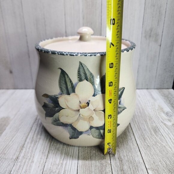 Vtg Casey Pottery Marshall Texas Stoneware Cookie Jar Lid Magnolia Flower 1998 - Picture 9 of 10